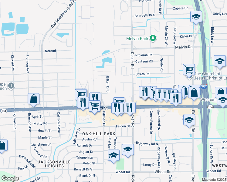 map of restaurants, bars, coffee shops, grocery stores, and more near 5131 Westchase Court in Jacksonville