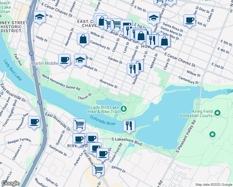map of restaurants, bars, coffee shops, grocery stores, and more near 36A Anthony Street in Austin