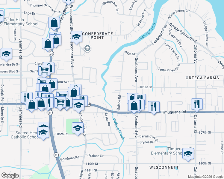 map of restaurants, bars, coffee shops, grocery stores, and more near 5200 Eulace Road in Jacksonville
