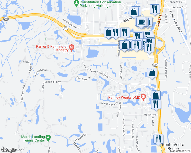 map of restaurants, bars, coffee shops, grocery stores, and more near 805 Boardwalk Drive in Ponte Vedra