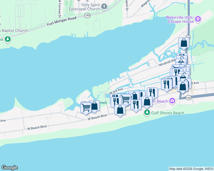 map of restaurants, bars, coffee shops, grocery stores, and more near in Gulf Shores