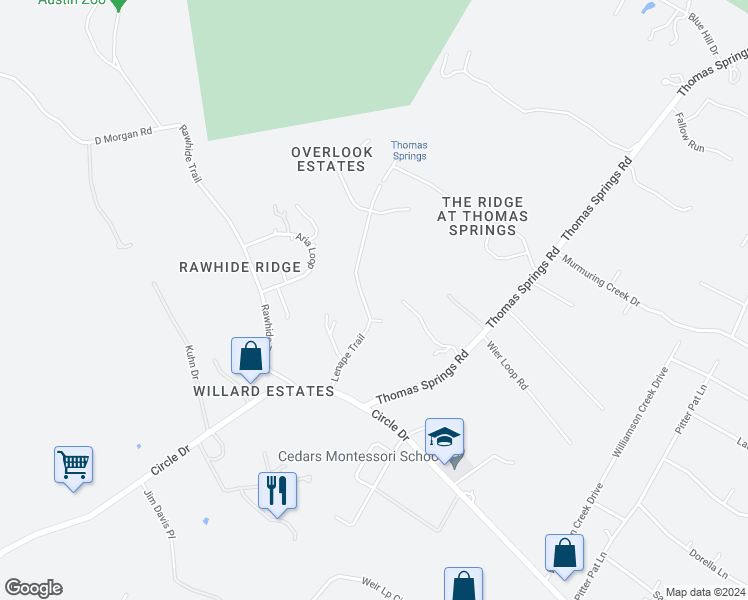 map of restaurants, bars, coffee shops, grocery stores, and more near 7701 Lenape Trail in Austin