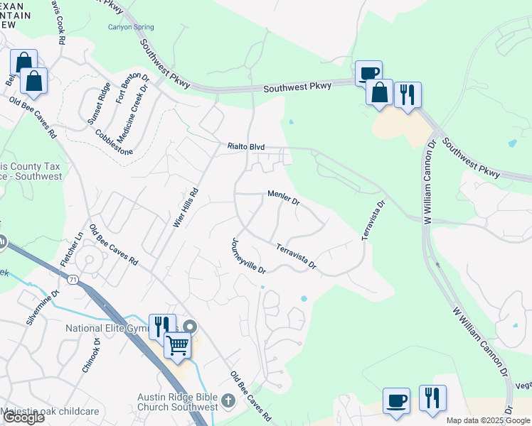 map of restaurants, bars, coffee shops, grocery stores, and more near 7817 Menler Drive in Austin