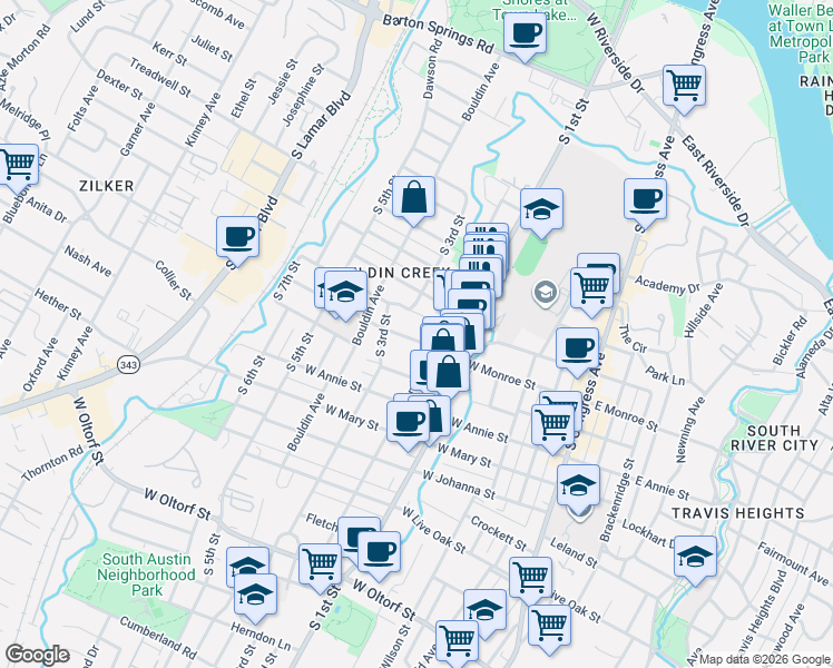 map of restaurants, bars, coffee shops, grocery stores, and more near 702 West Monroe Street in Austin