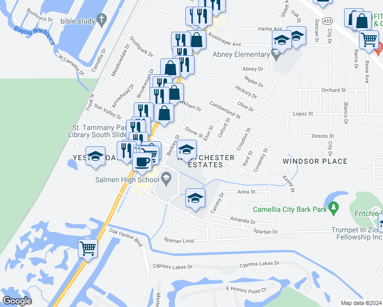 map of restaurants, bars, coffee shops, grocery stores, and more near 346 Westchester Place in Slidell