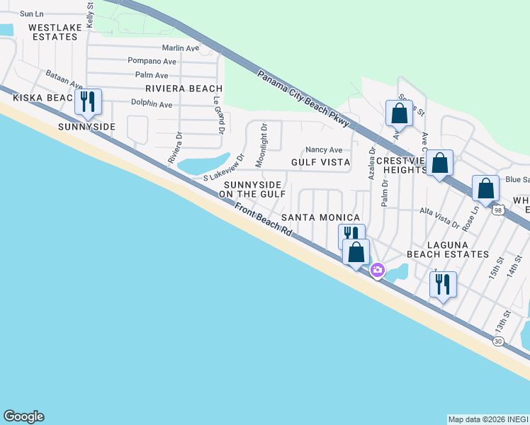 map of restaurants, bars, coffee shops, grocery stores, and more near 21104 Front Beach Road in Panama City Beach