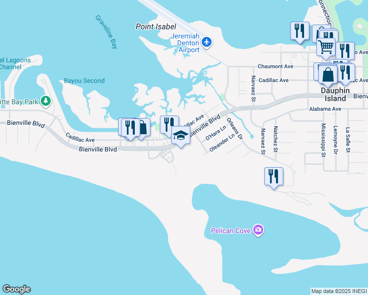 map of restaurants, bars, coffee shops, grocery stores, and more near 1501 Bienville Boulevard in Dauphin Island