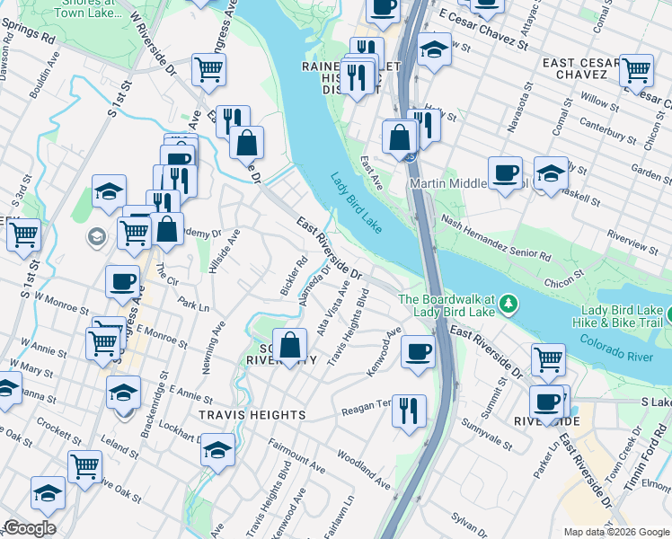 map of restaurants, bars, coffee shops, grocery stores, and more near 803 East Riverside Drive in Austin