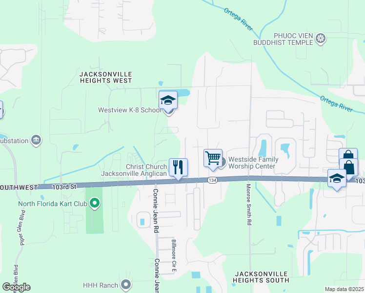 map of restaurants, bars, coffee shops, grocery stores, and more near 5239 Brighton Park Lane in Jacksonville