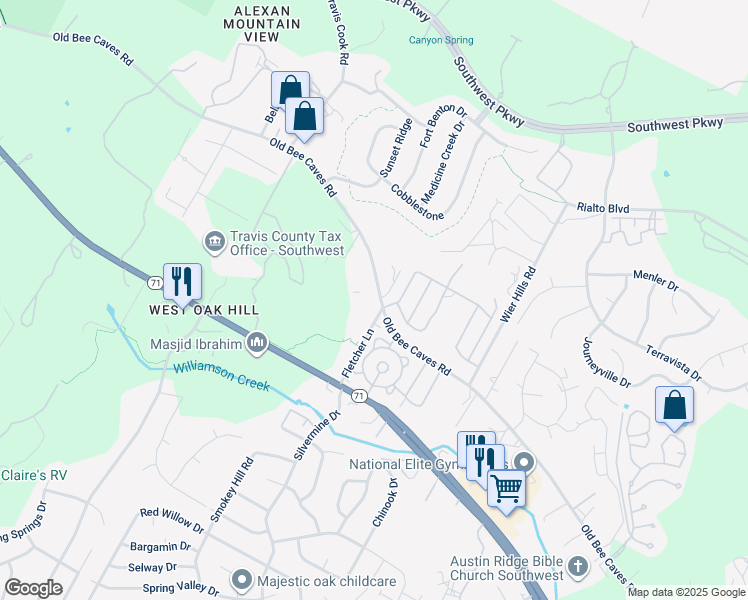 map of restaurants, bars, coffee shops, grocery stores, and more near 8397 Old Bee Caves Road in Austin