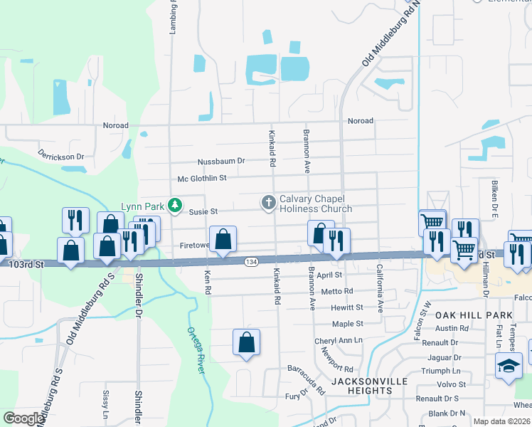 map of restaurants, bars, coffee shops, grocery stores, and more near 8424 Susie Street in Jacksonville