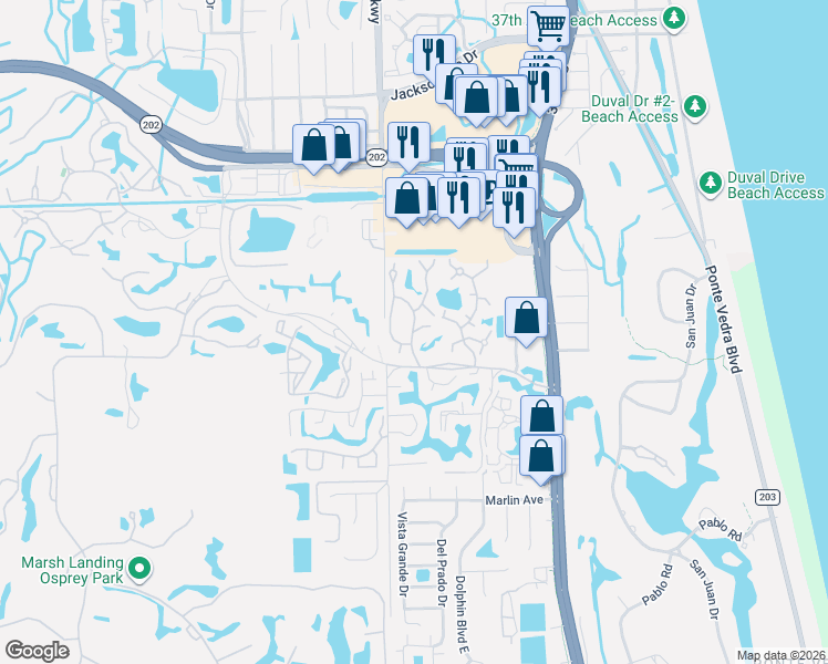 map of restaurants, bars, coffee shops, grocery stores, and more near 105 Rose Island Way in Ponte Vedra Beach
