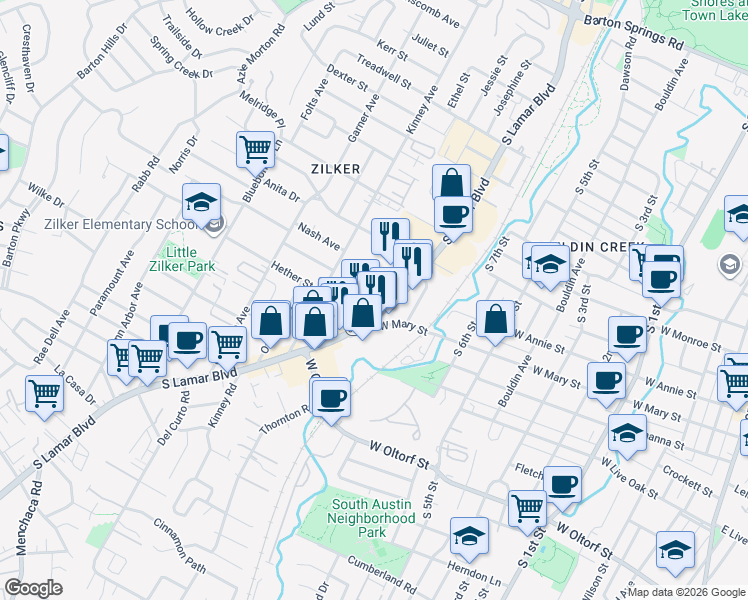map of restaurants, bars, coffee shops, grocery stores, and more near 1804 Texas 343 Loop in Austin