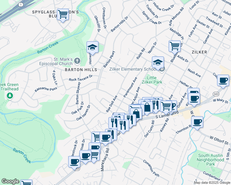 map of restaurants, bars, coffee shops, grocery stores, and more near 2300 Rae Dell Avenue in Austin