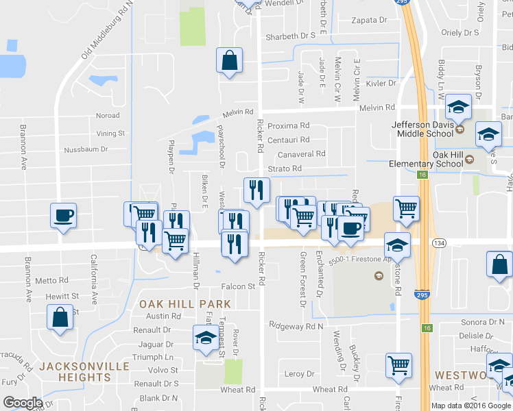 map of restaurants, bars, coffee shops, grocery stores, and more near 5135 Indian Lakes Court in Jacksonville
