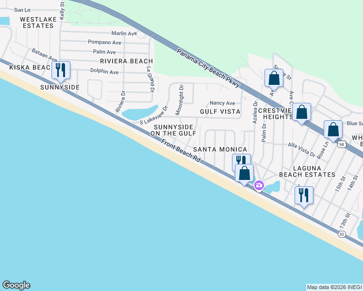 map of restaurants, bars, coffee shops, grocery stores, and more near 102 2nd Street in Panama City Beach