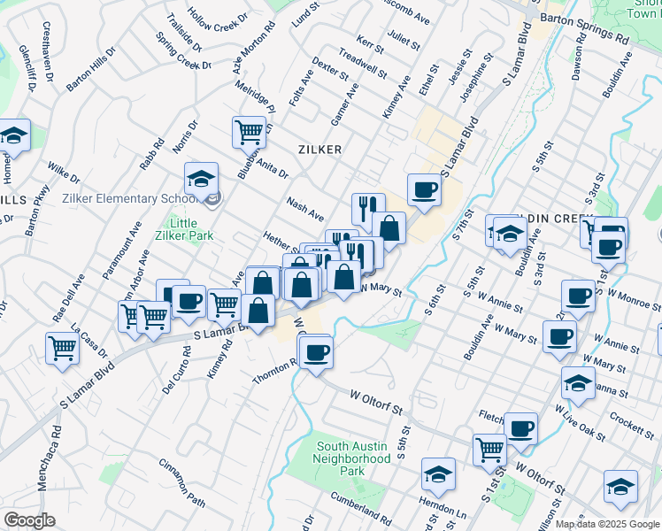 map of restaurants, bars, coffee shops, grocery stores, and more near 1508 Hether Street in Austin