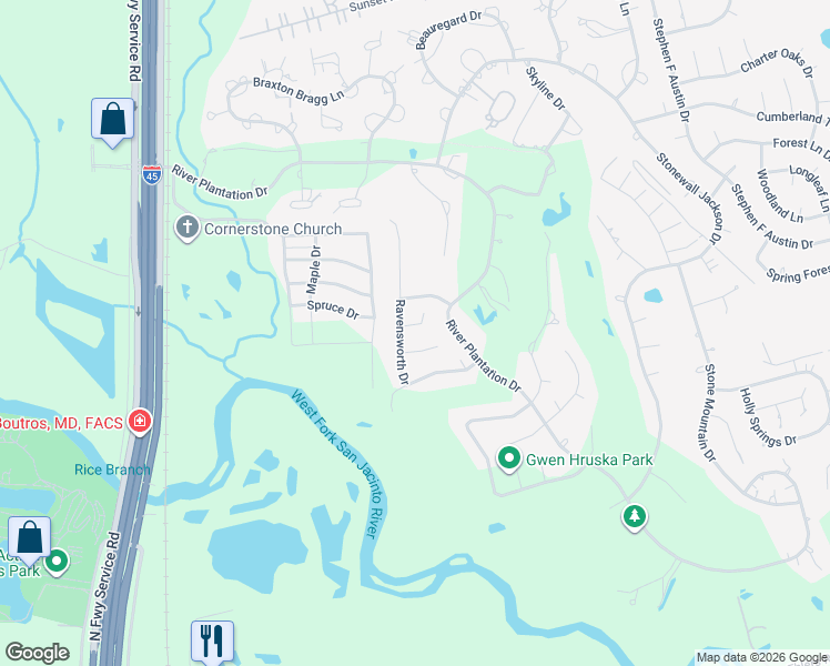 map of restaurants, bars, coffee shops, grocery stores, and more near 532 Bull Run Court in Conroe
