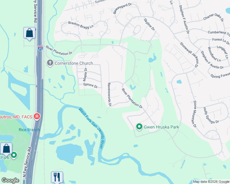 map of restaurants, bars, coffee shops, grocery stores, and more near 532 Bull Run Court in Conroe