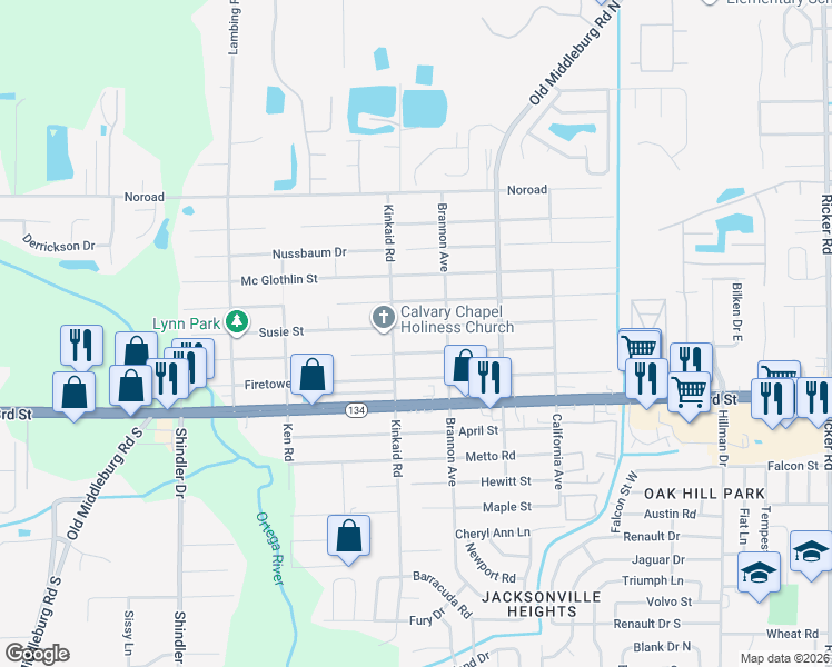 map of restaurants, bars, coffee shops, grocery stores, and more near 8338 Susie Street in Jacksonville