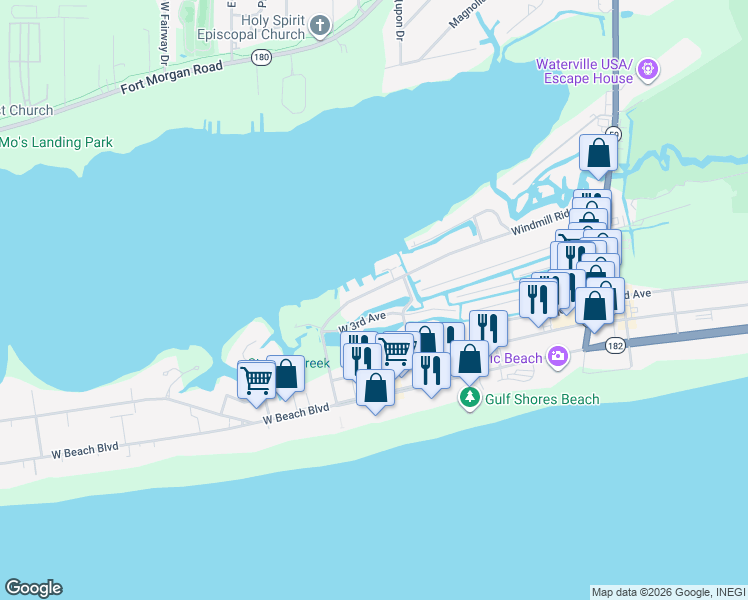 map of restaurants, bars, coffee shops, grocery stores, and more near 501 Windmill Ridge Road in Gulf Shores