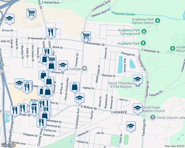 map of restaurants, bars, coffee shops, grocery stores, and more near 101 Neptune Drive in Lafayette