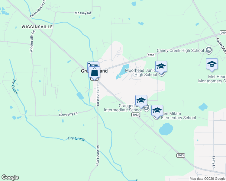 map of restaurants, bars, coffee shops, grocery stores, and more near 16077 Farm to Market Road 3083 in Conroe