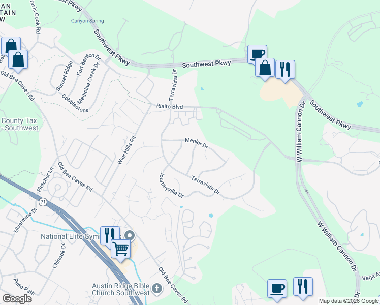 map of restaurants, bars, coffee shops, grocery stores, and more near 5716 Kempson Drive in Austin