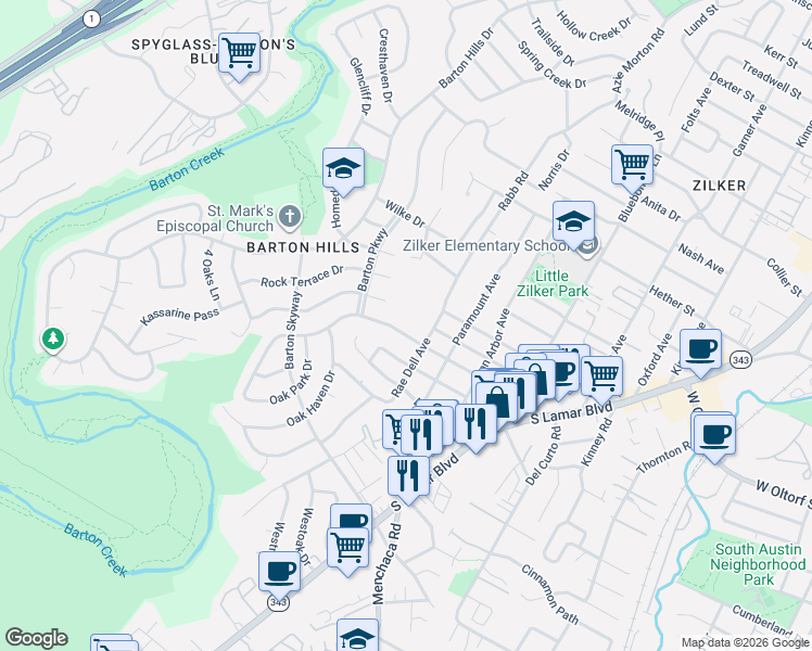 map of restaurants, bars, coffee shops, grocery stores, and more near 2308 Arpdale Street in Austin