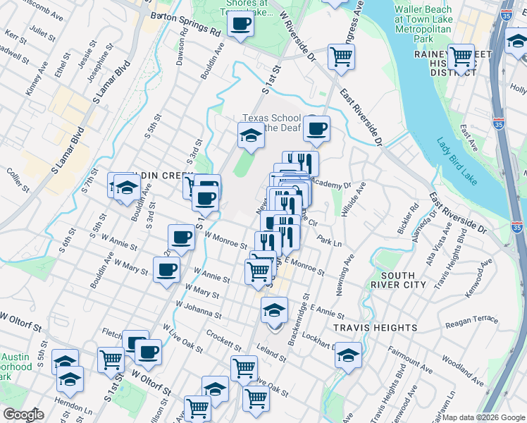 map of restaurants, bars, coffee shops, grocery stores, and more near 104 West Gibson Street in Austin