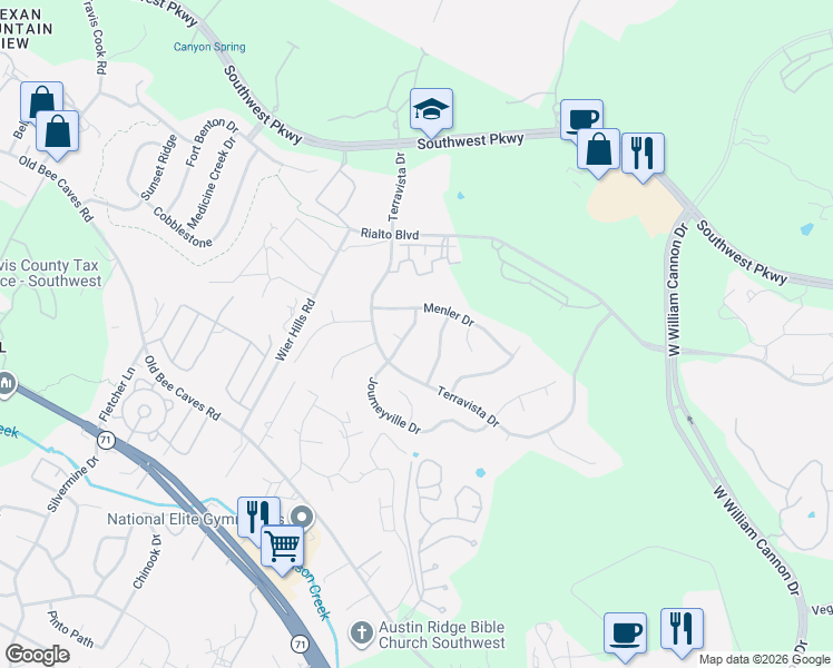 map of restaurants, bars, coffee shops, grocery stores, and more near 8008 Journeyville Drive in Austin