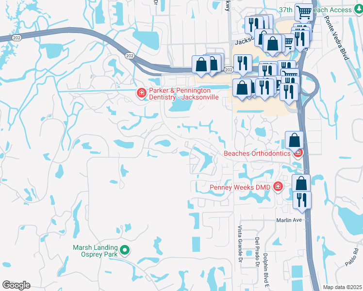map of restaurants, bars, coffee shops, grocery stores, and more near 153 Deer Cove Drive in Ponte Vedra Beach