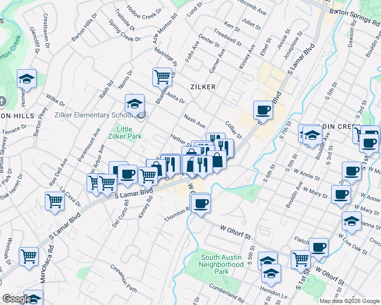 map of restaurants, bars, coffee shops, grocery stores, and more near 2002 Kinney Avenue in Austin
