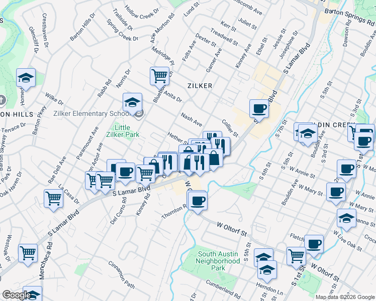 map of restaurants, bars, coffee shops, grocery stores, and more near 2002 Kinney Avenue in Austin