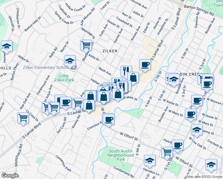 map of restaurants, bars, coffee shops, grocery stores, and more near 1508 Hether Street in Austin