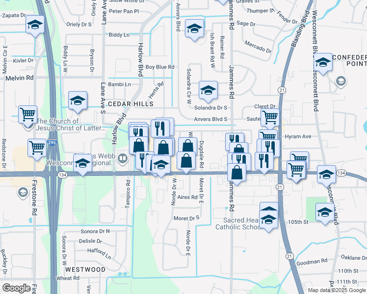 map of restaurants, bars, coffee shops, grocery stores, and more near 5205 Batley Road in Jacksonville