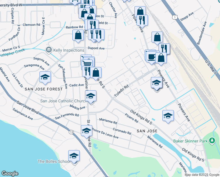 map of restaurants, bars, coffee shops, grocery stores, and more near 37 7061-5 Old Kings Ap in Jacksonville
