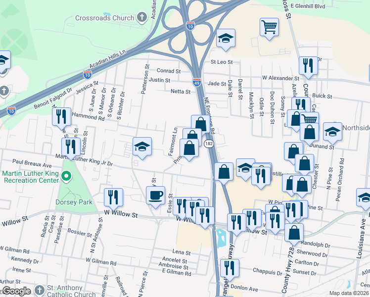 map of restaurants, bars, coffee shops, grocery stores, and more near 907 Priscilla Lane in Lafayette