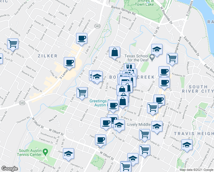 map of restaurants, bars, coffee shops, grocery stores, and more near S 3rd St & Monroe St W in Austin