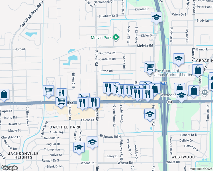 map of restaurants, bars, coffee shops, grocery stores, and more near 5141 Glen Alan Court North in Jacksonville