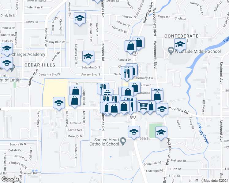 map of restaurants, bars, coffee shops, grocery stores, and more near 6306 South Romilly Drive in Jacksonville