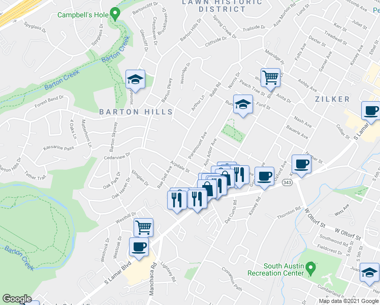 map of restaurants, bars, coffee shops, grocery stores, and more near 2201 Rabb Glen Street in Austin