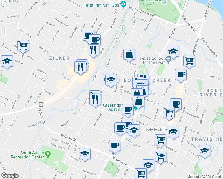 map of restaurants, bars, coffee shops, grocery stores, and more near 906 West Milton Street in Austin
