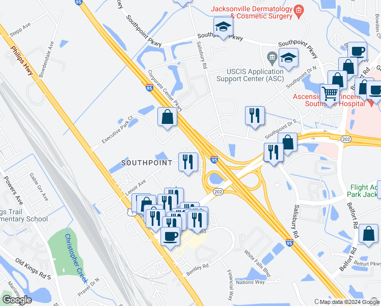 map of restaurants, bars, coffee shops, grocery stores, and more near 6961 Lenoir Avenue East in Jacksonville