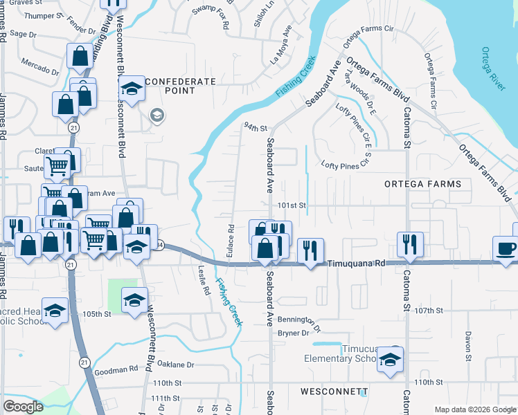 map of restaurants, bars, coffee shops, grocery stores, and more near 5173 Eulace Road in Jacksonville