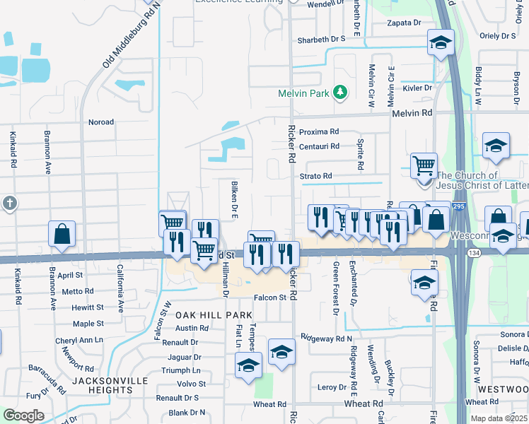 map of restaurants, bars, coffee shops, grocery stores, and more near 5131 Westchase Court in Jacksonville