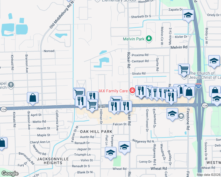 map of restaurants, bars, coffee shops, grocery stores, and more near 5131 Westchase Court in Jacksonville