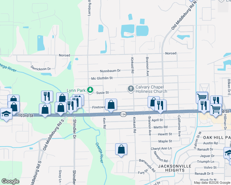 map of restaurants, bars, coffee shops, grocery stores, and more near 8507 Susie Street in Jacksonville
