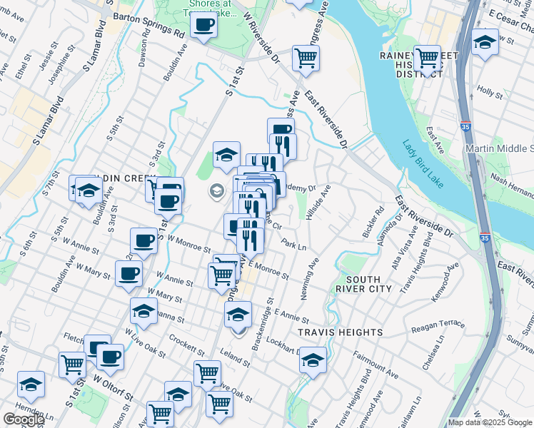 map of restaurants, bars, coffee shops, grocery stores, and more near in Austin