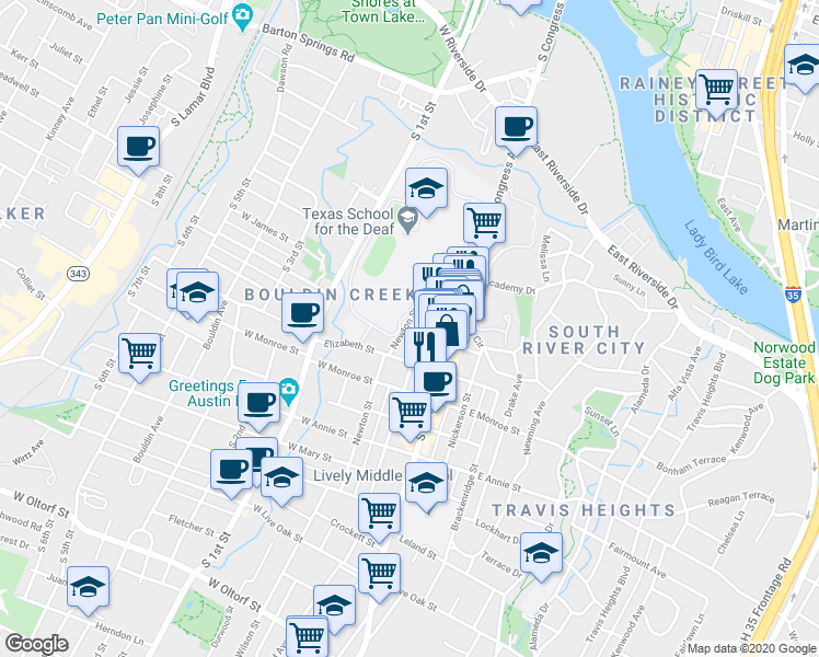 map of restaurants, bars, coffee shops, grocery stores, and more near 104 West Gibson Street in Austin